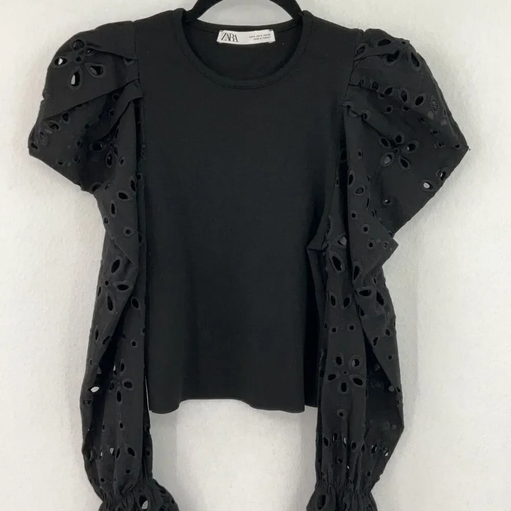 Zara Black Puff Long Sleeve Lace Blouse Top Size Small